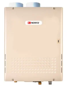 Noritz water heater NRC98-DV featuring modern beige design with vent openings and connection points.