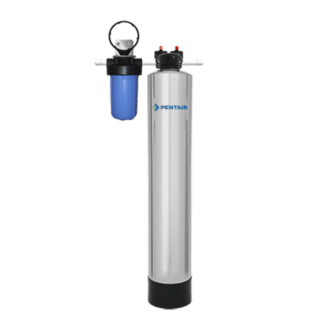 Pelican Natursoft NS3 NS6 water softeners with stainless steel tank and blue filter cartridge by Pentair.