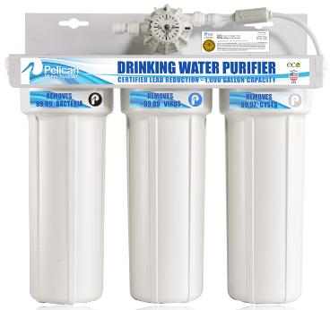 Pelican Pentair 3 Stage water filter system with certified lead reduction, 1,000-gallon capacity, and bacteria removal.