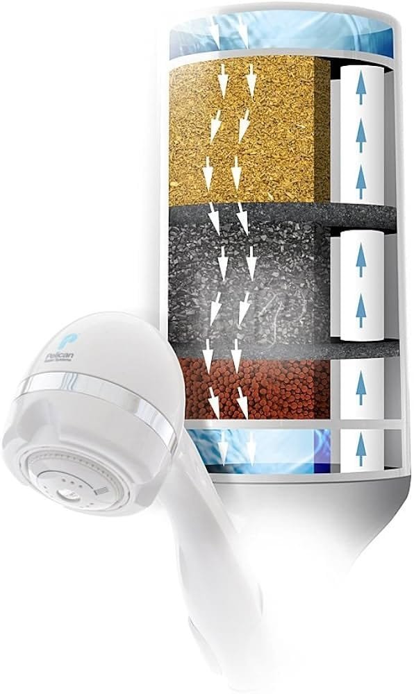 Pelican Psf 1 shower filter features a 3-stage filtration system for cleaner, softer bathing water.