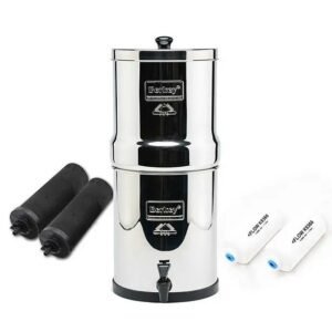 Portable water filter Berkey system with stainless steel chambers and durable black and white filters.