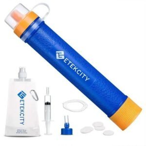 Portable water filter Etekcity filtration system with blue tube, accessories, and collapsible water pouch.