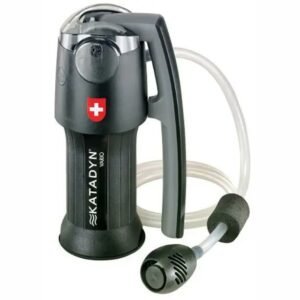 Portable water filter Katadyn Vario microfilter showcasing Swiss engineering, black and gray design, manual pump.