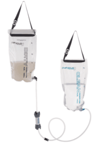 Portable water filter Platypus Gravity Works system with reservoirs labeled Dirty and Clean for filtration.