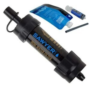 Portable water filter Sawyer Mini filter featuring sleek black design, collapsible pouch, and drinking straw.