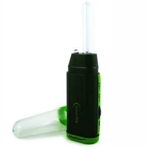 Portable water filter Steripen Opti UV compact device with matte black design, green accent, and transparent UV element.