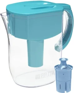 Recycle water filters Brita sleek pitcher, clear body, aqua lid, ergonomic handle, visible filter cartridge.