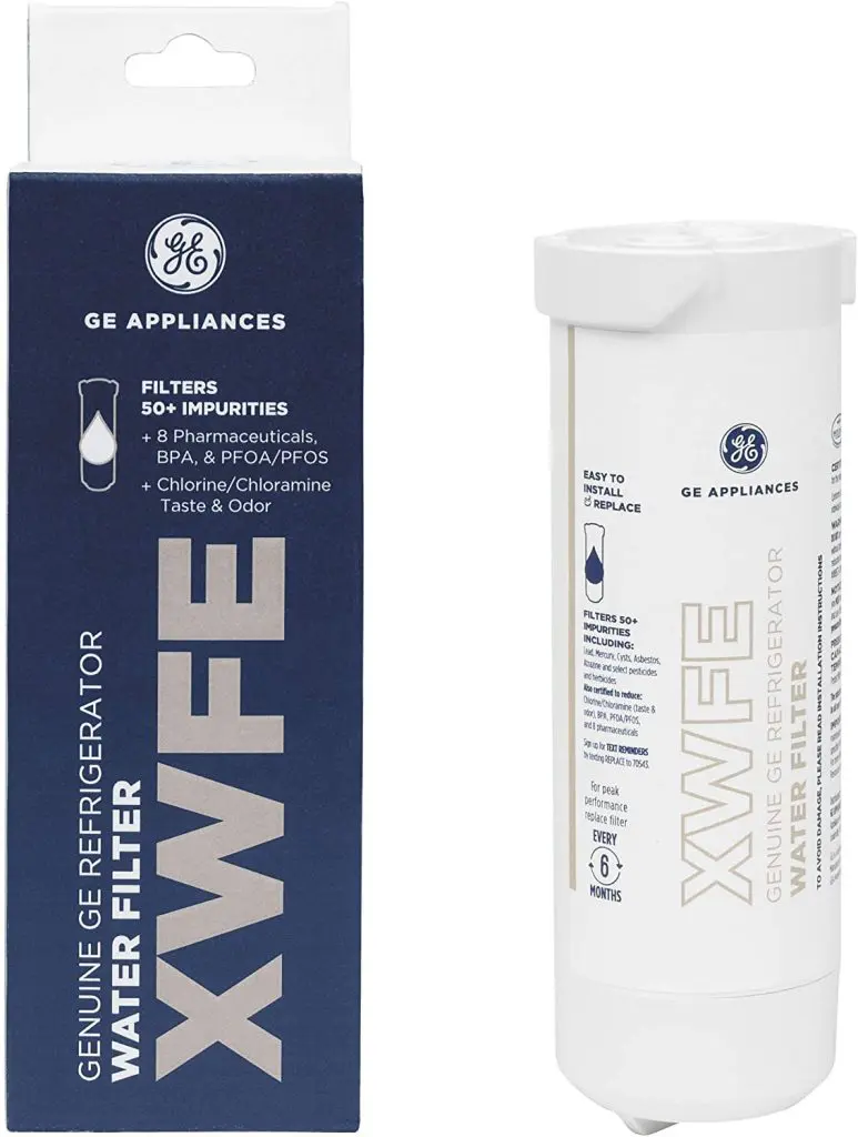 Recycle water filters GE home appliances, featuring model XWFE with packaging, improving taste and odor.