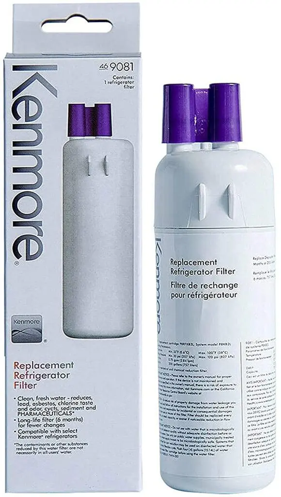 Recycle water filters Kenmore refrigerator replacement filter with bilingual packaging, sleek design, purple caps.