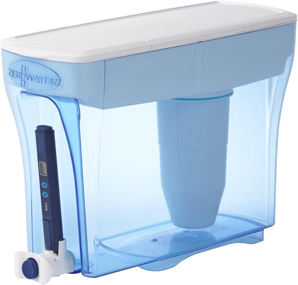 Recycle Water Filters Zerowater filtration pitcher featuring transparent design with a digital meter and white filter.