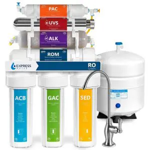 Reverse Osmosis System by Express Water featuring multi-stage filtration, storage tank, and modern faucet design.