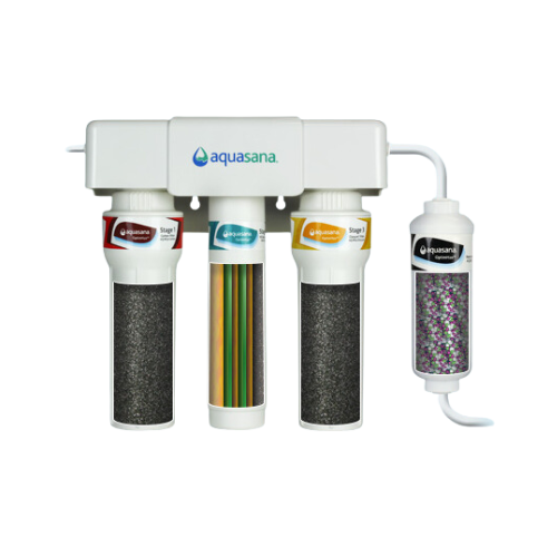 Reverse Osmosis Systems Aquasana Optimh20 Ro multi-stage water filtration with three cartridges and extra filter.