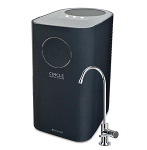 Reverse osmosis systems Brondell sleek black design with chrome faucet, integrates into modern kitchens.