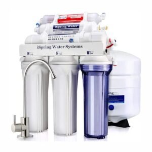 Reverse Osmosis Systems iSpring RCC7AK featuring multi-stage filtration with sleek faucet and storage tank.