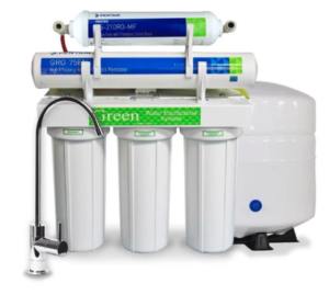 Reverse osmosis systems Softpro Green home filtration unit with multi-stage purification and storage tank.