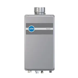 Richmond tankless water heater showcasing sleek gray design with circular logo and efficient venting system.