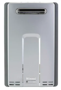 Rinnai tankless water heater RL75 showcasing sleek design with metallic silver finish and modern features.