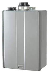 Rinnai Tankless Water Heater Ruc98 modern gas-powered model with metallic silver finish and efficient vent design.
