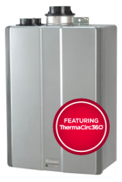 Rinnai Tankless Water Heater Rur98 modern design featuring ThermaCirc360™ technology for efficient hot water circulation.