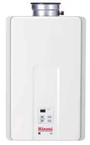 Rinnai tankless water heater V75 showcasing sleek, white design with digital controls and visible exhaust vent.