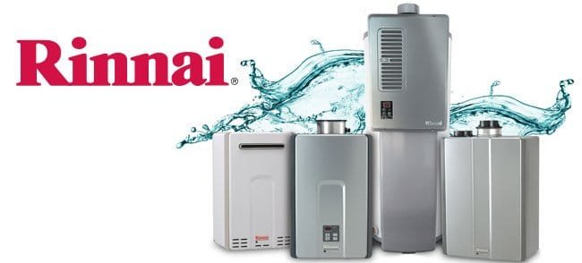 Rinnai tankless water heater collection showcasing four sleek, modern units with dynamic water splash background.