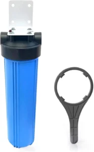 Sediment filter for well water by Aquaboon, includes blue cylindrical housing and maintenance wrench.