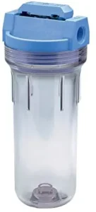 Sediment filter for well water Culligan housing unit with clear body and blue cap for easy inspection.