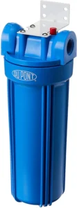 Sediment filter for well water Dupont featuring durable blue housing with mounting capability and pressure release valve.