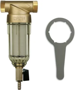 Sediment filter for well water iSpring WPS with brass fittings, transparent canister, and maintenance wrench.