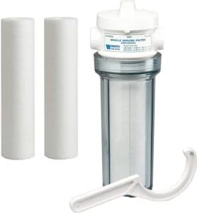 Sediment filter for well water system featuring transparent housing, white cap, and cartridges with wrench.