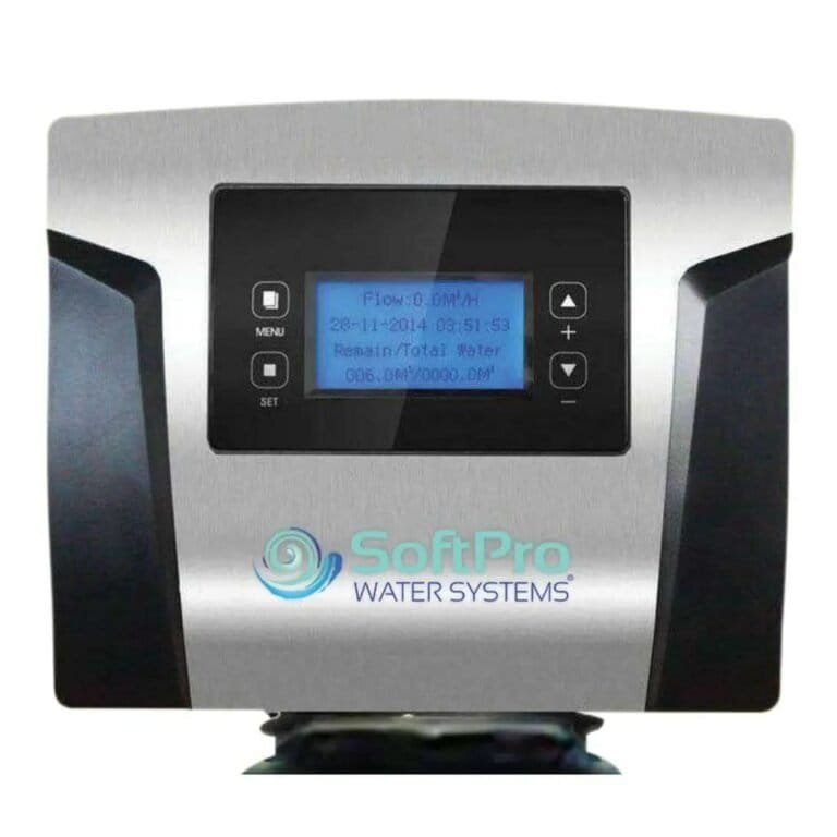 Softpro Iron Master control panel featuring digital display and buttons for water filter settings adjustment.