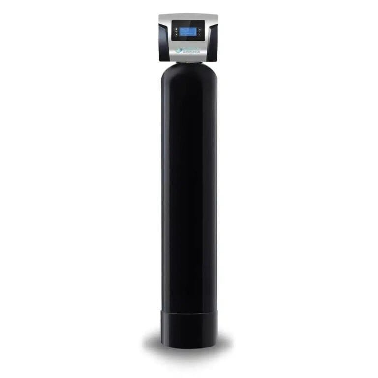 Softpro Iron Master sleek black water softener featuring digital control and modern cylindrical design.
