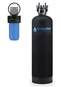 Springwell Water Filtration Systems CF1 whole house filter featuring sleek black tank and blue pre-filter.