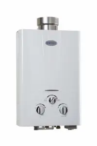 Marey 5L gas water heater with sleek white design, adjustable knobs, and central stainless steel vent.