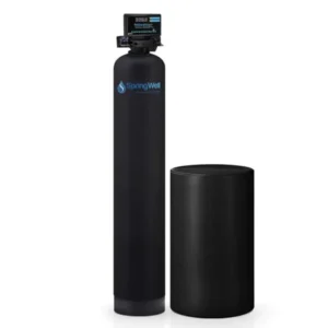 Springwell water filtration systems featuring sleek whole house water softener with digital control interface.