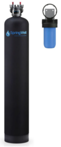 Springwell whole house water filter featuring black tank and blue cartridge, durable design, SpringWell brand.