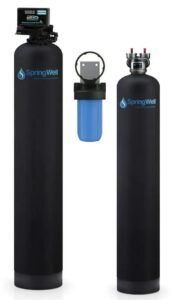 Springwell Water Filtration Systems whole house setup featuring black and blue cylindrical tanks with advanced technology.