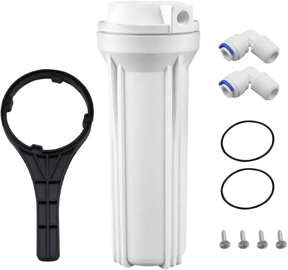 Stuck whole house water filter kit with durable plastic housing, wrench, connectors, O-rings, and screws.