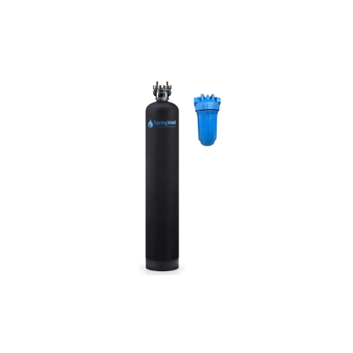 Stuck Whole House Water Filter: Springwell system featuring black tank and blue cartridge on white background.