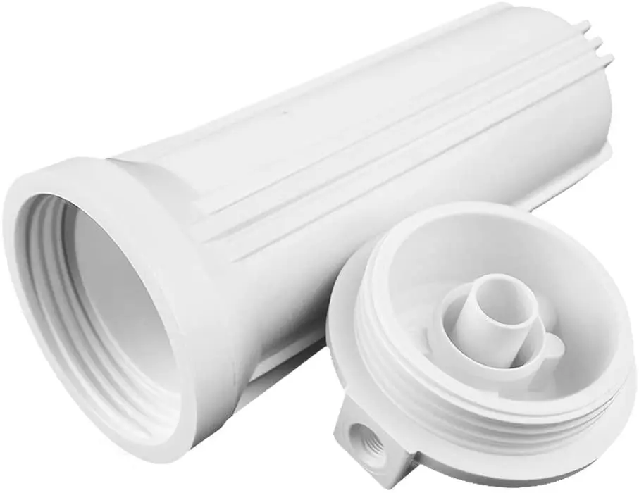 Stuck Whole House Water Filter housing with white plastic cylindrical design and screw-on cap for tight seal.