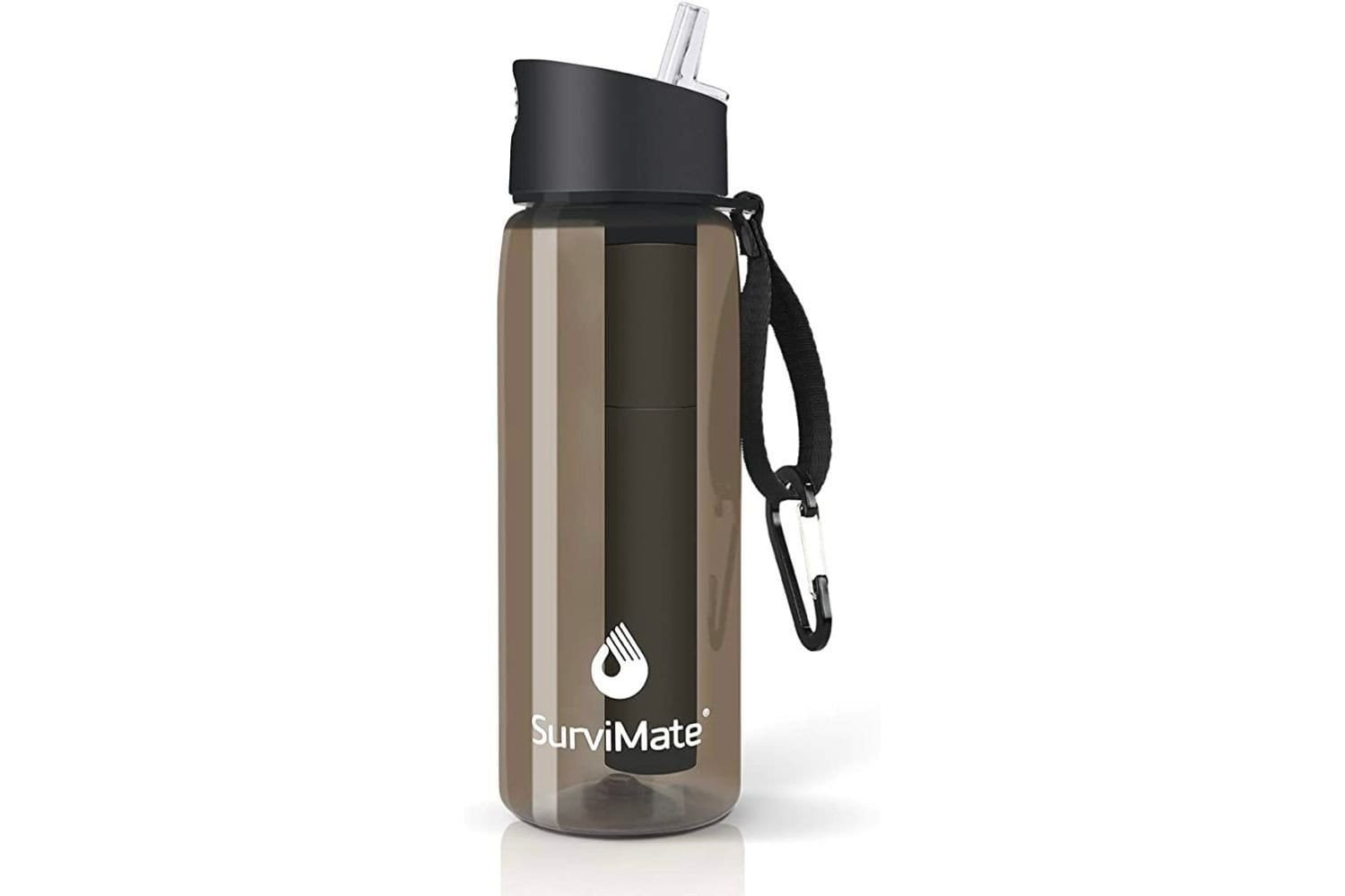 Survimate Filtered Water Bottle showcases sleek design, built-in straw, and durable plastic for outdoor use.