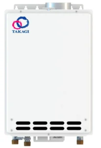 Takagi tankless water heater TKjr2 indoor model features sleek design with white finish and vents.