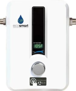 Tankless water heater EcoSmart Eco11 with digital controls and sleek white design for modern homes.