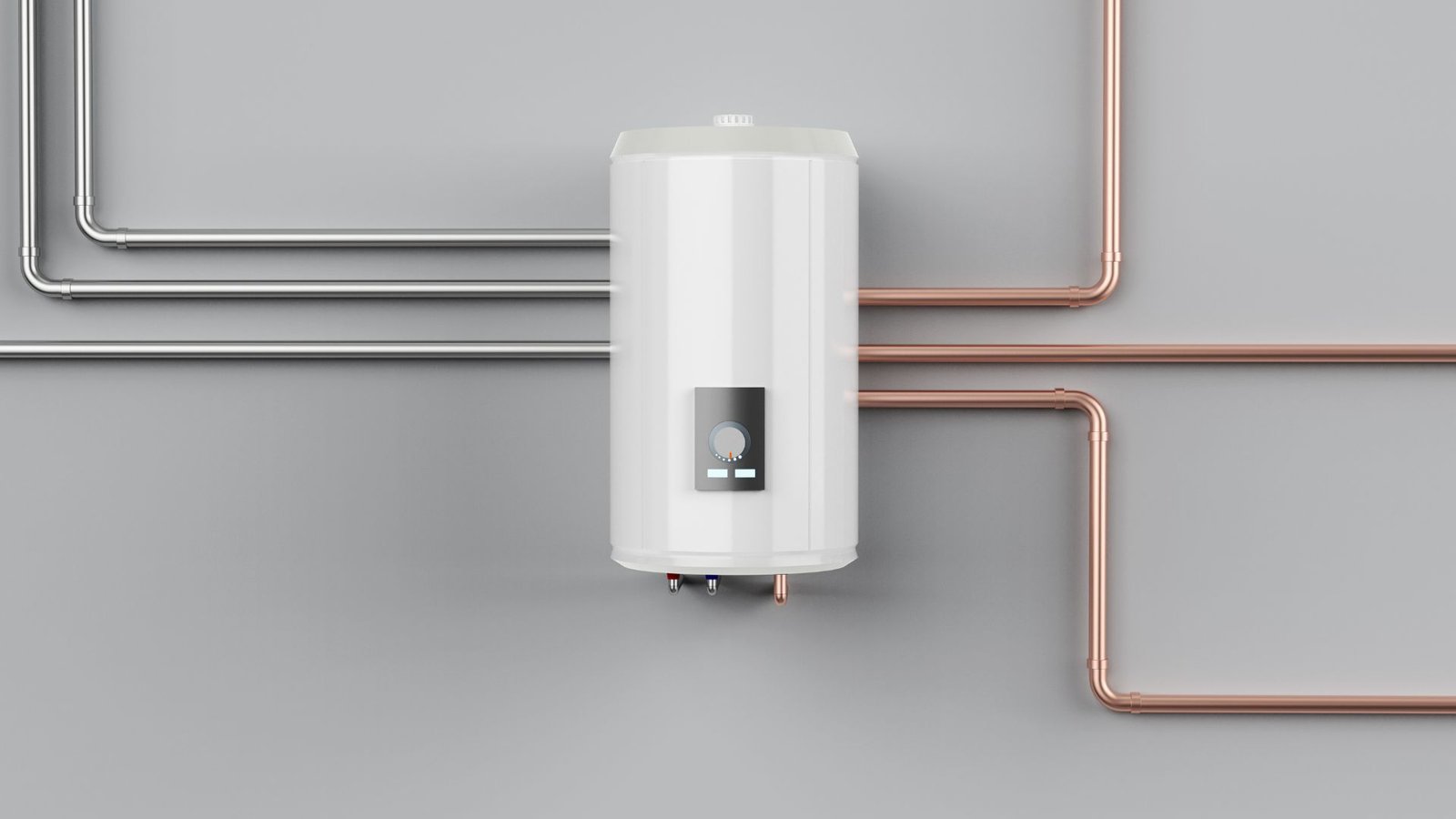 Tankless water heater with sleek white design, digital control panel, and silver and copper piping.