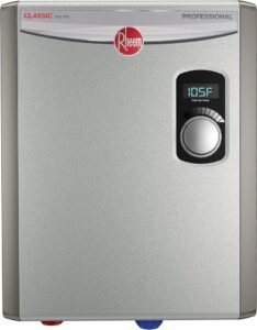 Tankless water heater Rheem Rtex 18kW in sleek metallic silver with digital display and control knob.