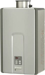 Tankless water heater Rinnai RL94 featuring sleek design, matte silver finish, and digital temperature control.