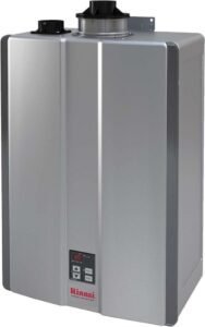 Tankless water heater Rinnai RU199in featuring sleek design, digital display, and efficient ventilation system.