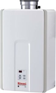 Tankless water heater Rinnai V75 features sleek design, digital controls, and efficient gas venting system.