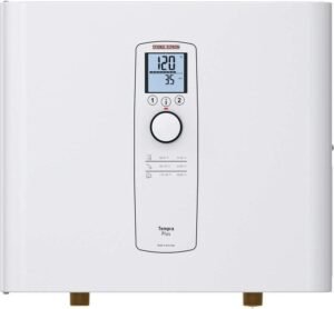 Tankless water heater detailed view of Steibel Tempra Plus electric model with digital controls and sleek design.