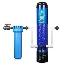 Under sink water filter system featuring Aquasana brand with blue cylindrical housing and pre-filter unit.